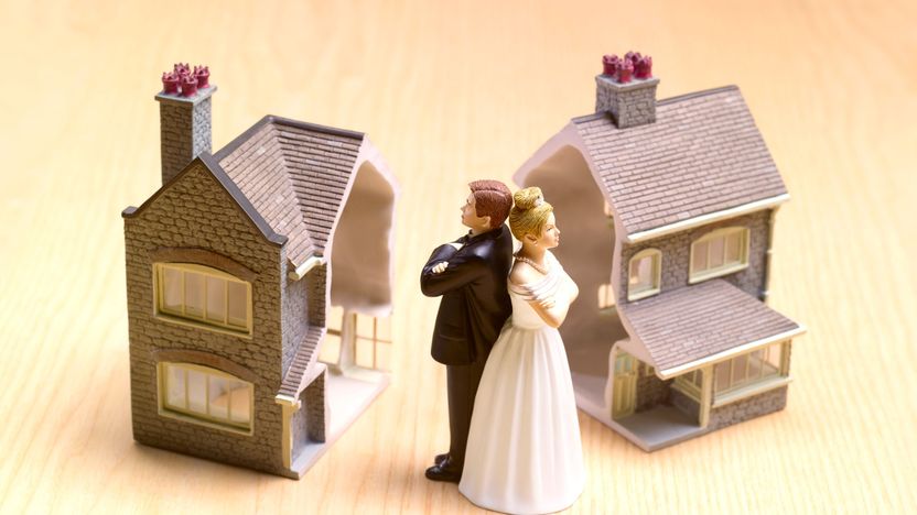 Home split in half with bride and groom with their backs to each other and arms folded, presumably in an argument.