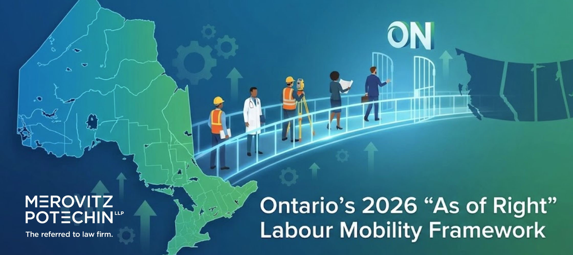 Illustration of professionals, including a doctor and engineer, crossing a bridge into Ontario to represent the 2026 As of Right labour mobility framework.