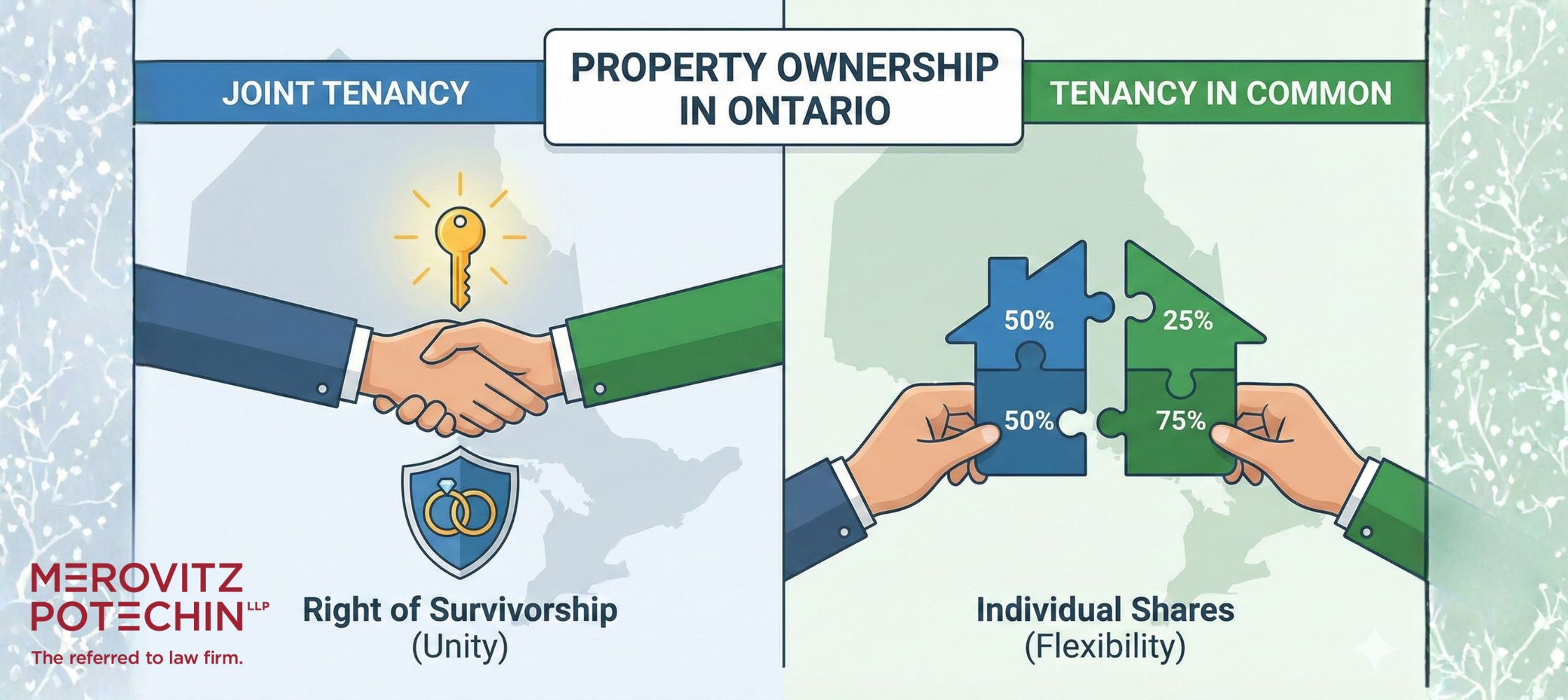 An infographic explaining joint tenancy vs tenancy in common Ontario. The left side highlights joint tenancy and the right of survivorship, while the right side shows tenancy in common using puzzle pieces to represent flexible individual shares. Created by Merovitz Potechin LLP.