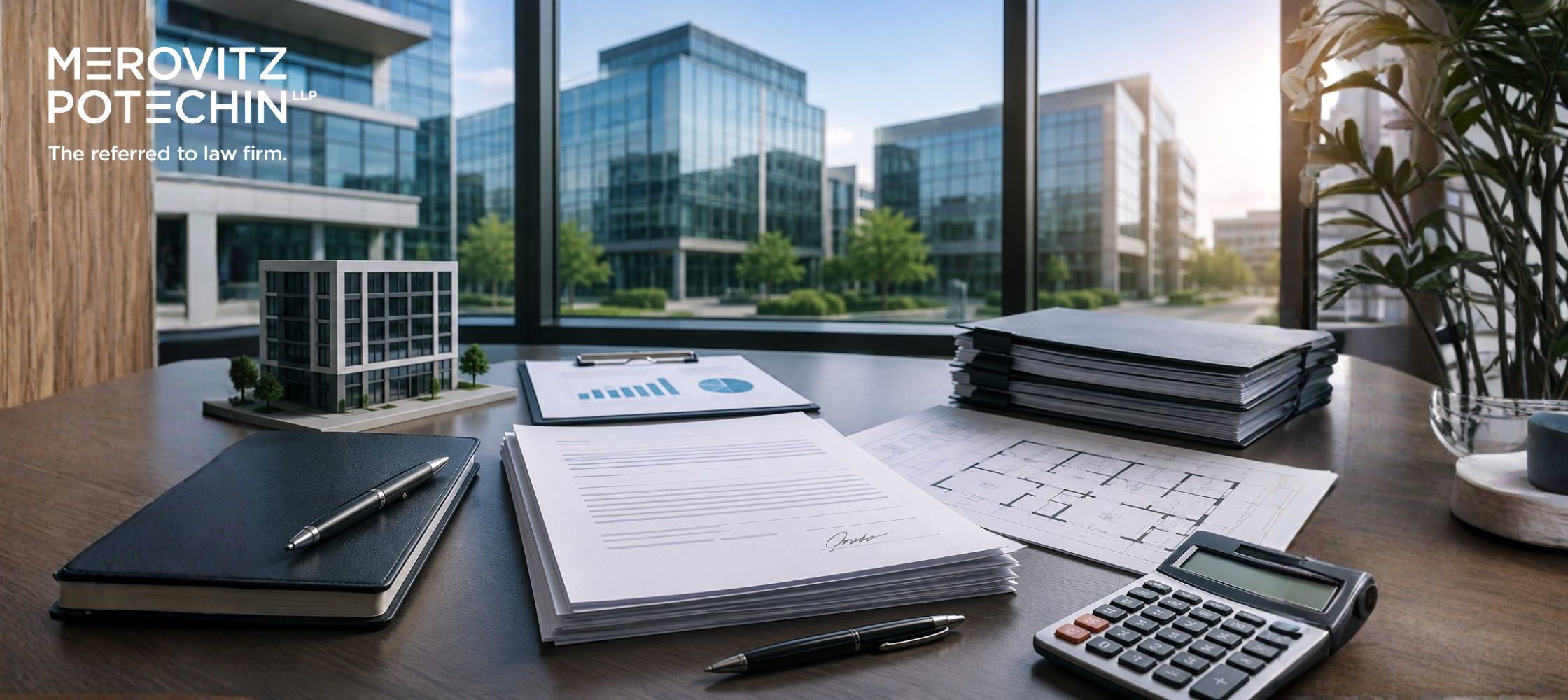 A professional desk with legal documents, a building model, and a banner reading Estoppel Certificate in Commercial Real Estate.