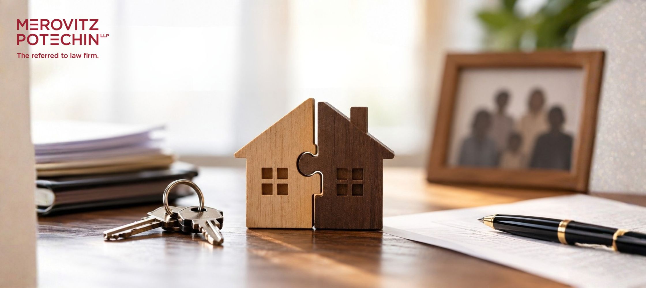 Joint ownership of assets illustrated by an interlocking wooden house, keys, and estate planning documents.